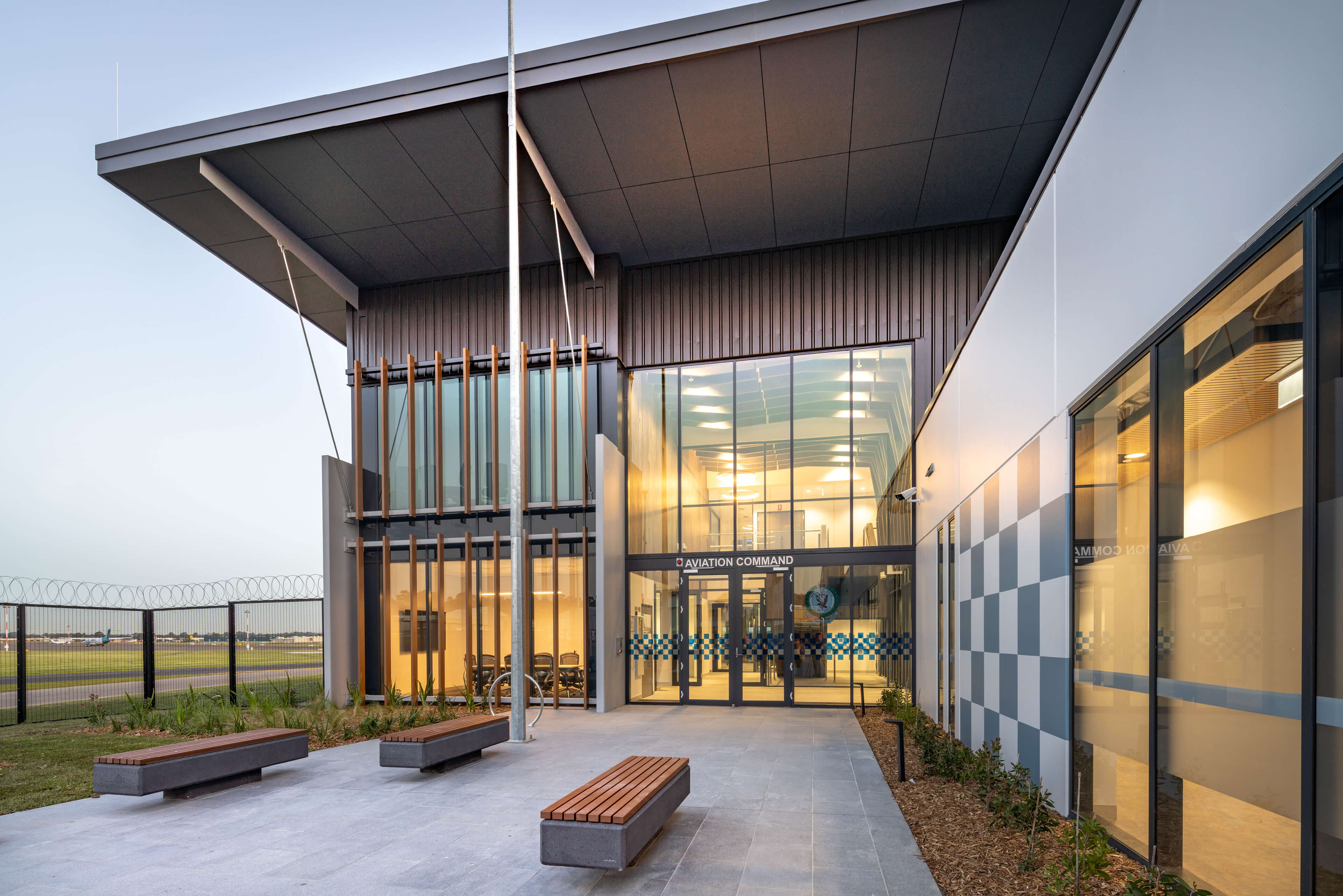 11-Close-Up-of-Main-office-Entrance-at-Dusk-PolAir-Facility-Bankstown-Taylor-Construction-Refurbishment-and-Live-Environments